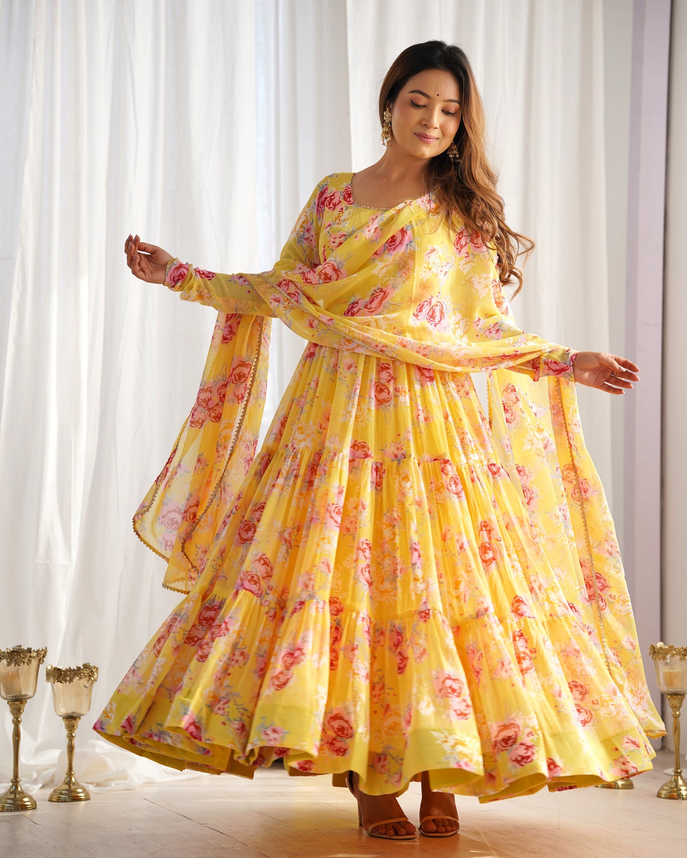 Sunshine Yellow Floral Fox Georgette Anarkali Set with Dupatta & Pants