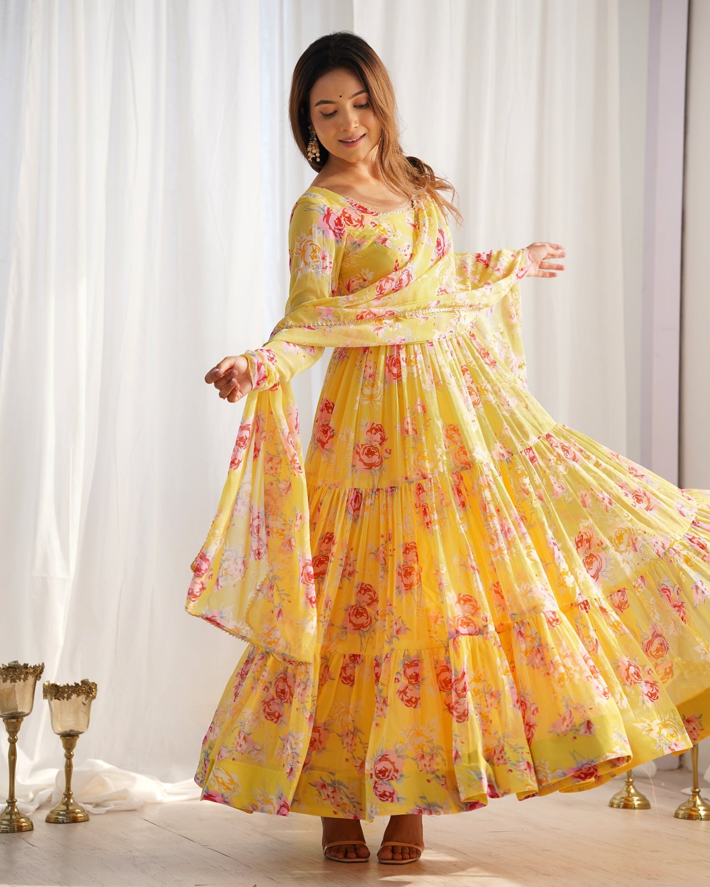 Sunshine Yellow Floral Fox Georgette Anarkali Set with Dupatta & Pants