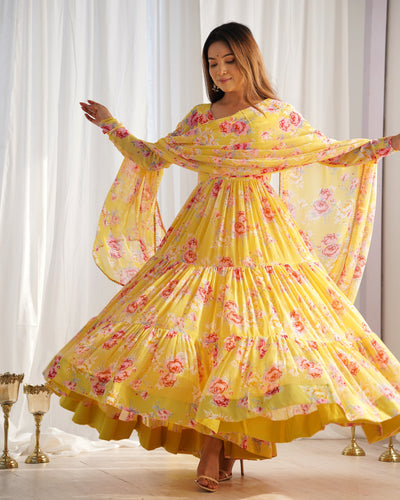 Sunshine Yellow Floral Fox Georgette Anarkali Set with Dupatta & Pants