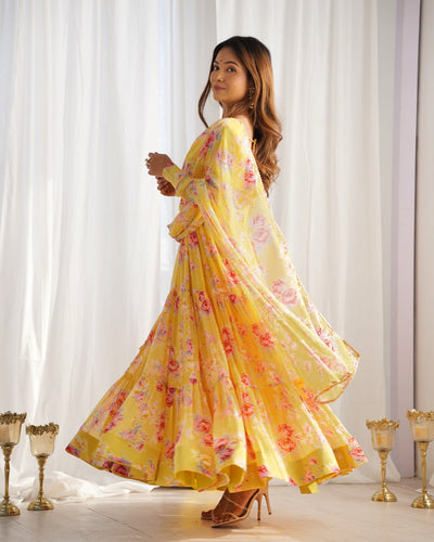 Sunshine Yellow Floral Fox Georgette Anarkali Set with Dupatta & Pants