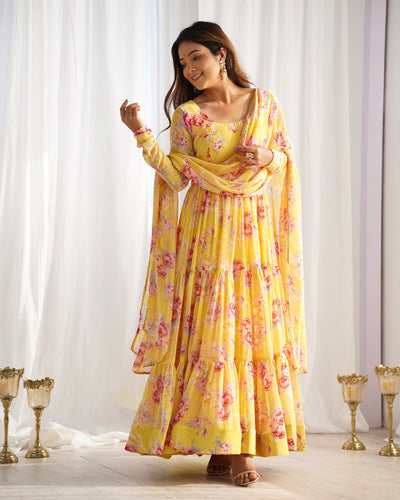 Sunshine Yellow Floral Fox Georgette Anarkali Set with Dupatta & Pants