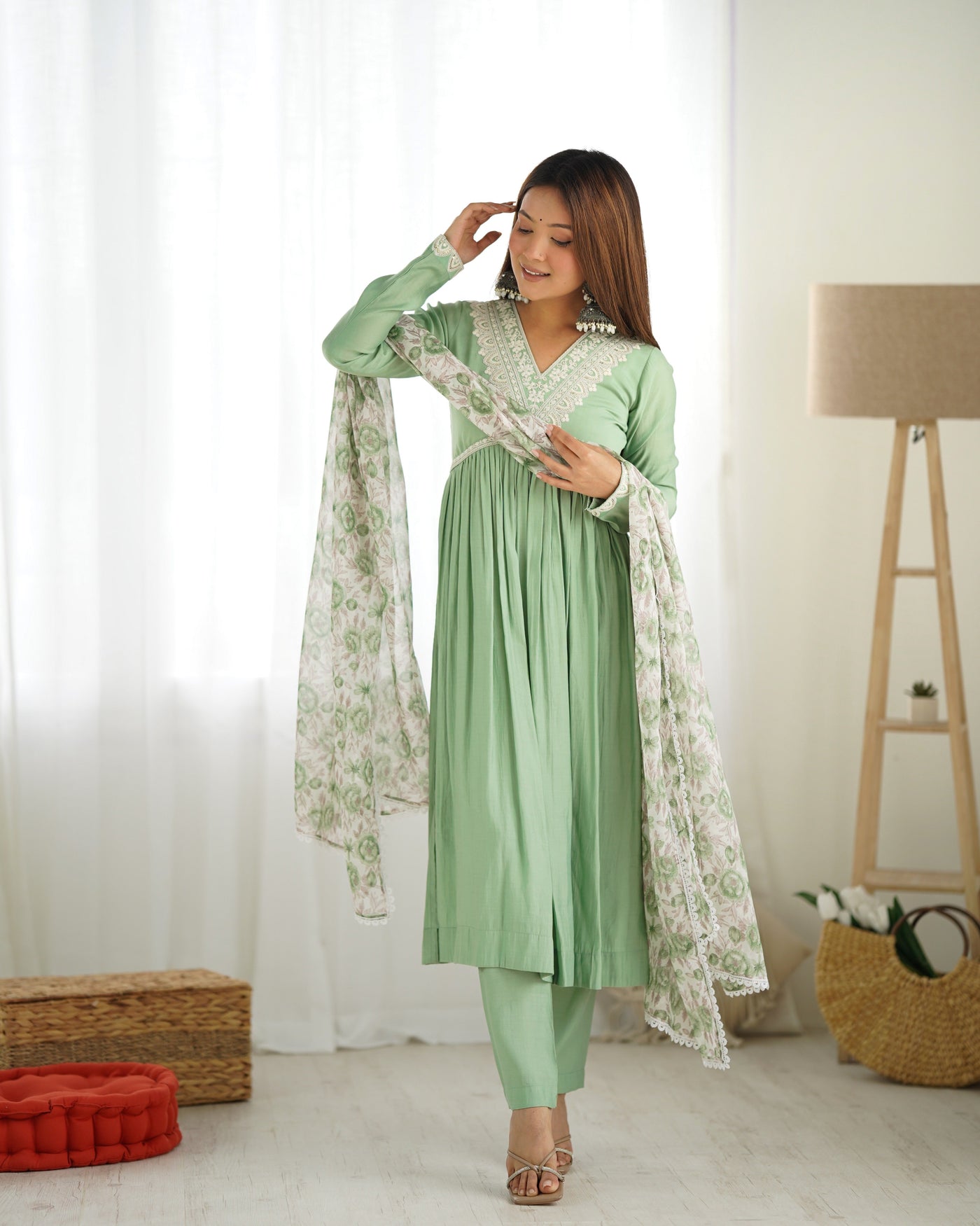 Mint Green Roman Silk Nyra Kurta Set with Floral Dupatta