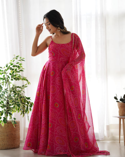 Designer Pure Soft Lightweight Chiffon Bandhej Fully Flared Gown, Dupatta, and Pant Set - Ready to Wear, Fully Stitched.