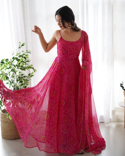 Designer Pure Soft Lightweight Chiffon Bandhej Fully Flared Gown, Dupatta, and Pant Set - Ready to Wear, Fully Stitched.