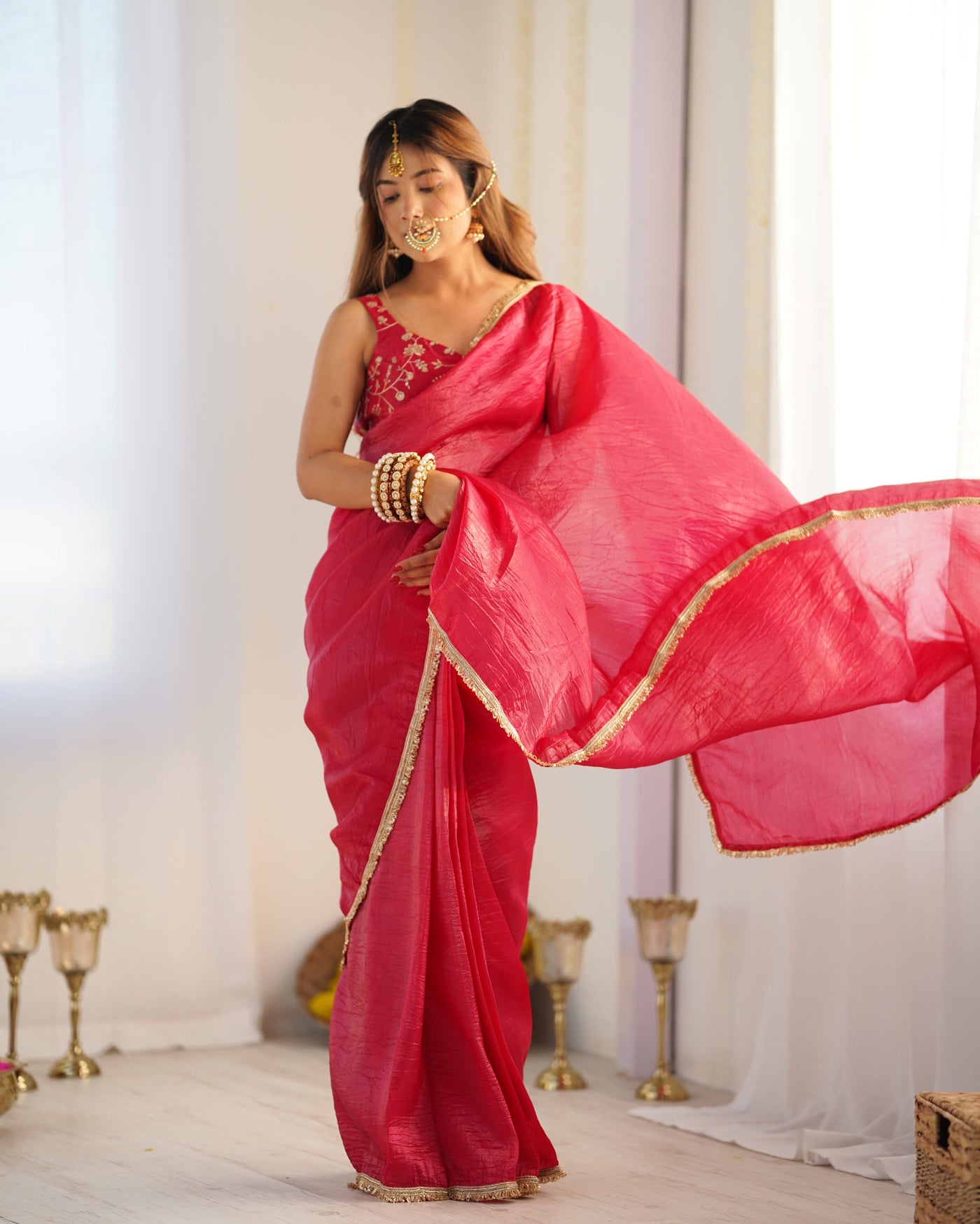 Elegant Pink Gold Crush Tissue Silk Ready-to-Wear Saree