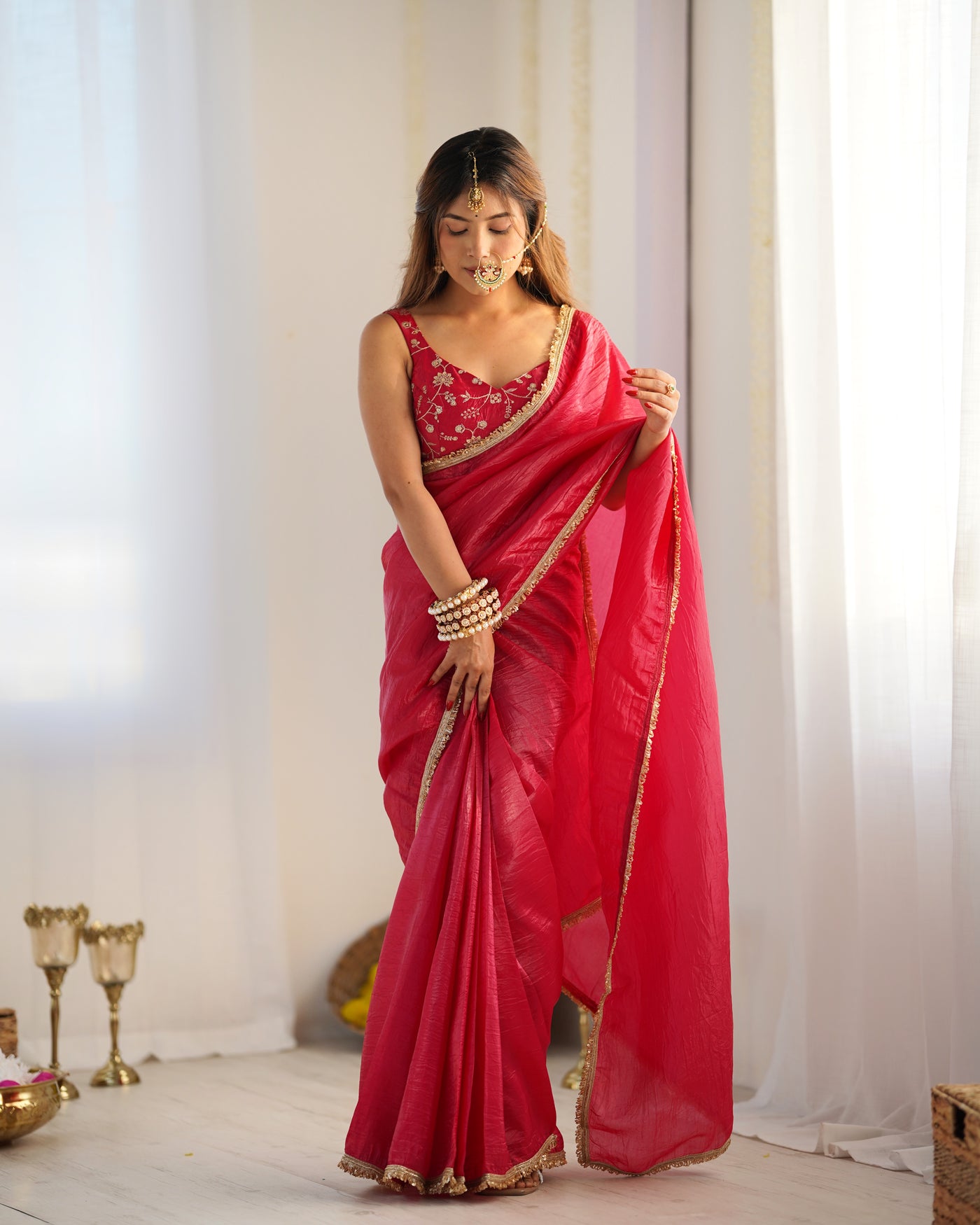 Elegant Pink Gold Crush Tissue Silk Ready-to-Wear Saree