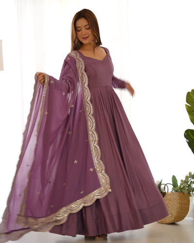 Pure Romansilk Chanderi Fabric Fully Flared Anarkali, with Dupatta Set and Pants, Ready to Wear.