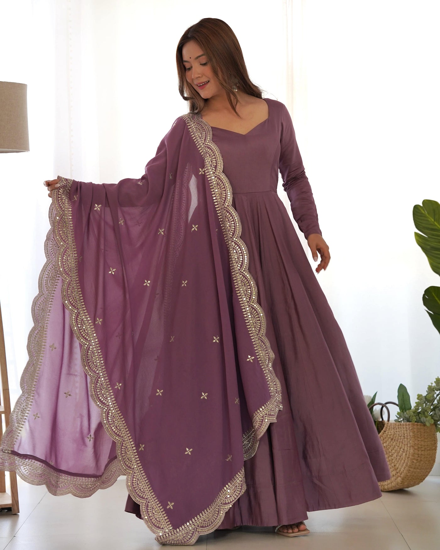 Pure Romansilk Chanderi Fabric Fully Flared Anarkali, with Dupatta Set and Pants, Ready to Wear.