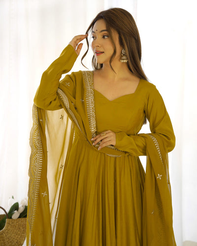 Pure Romansilk Chanderi Fabric Fully Flared Anarkali, with Dupatta Set and Pants, Ready to Wear.