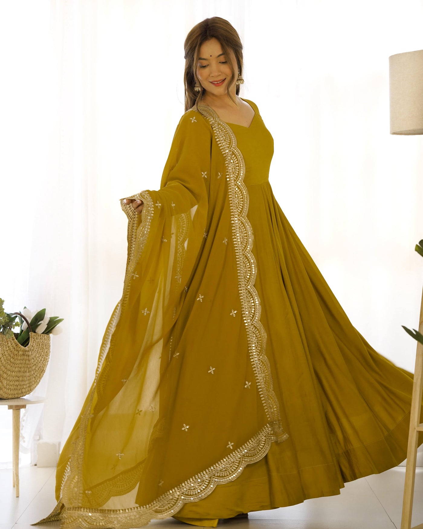 Pure Romansilk Chanderi Fabric Fully Flared Anarkali, with Dupatta Set and Pants, Ready to Wear.