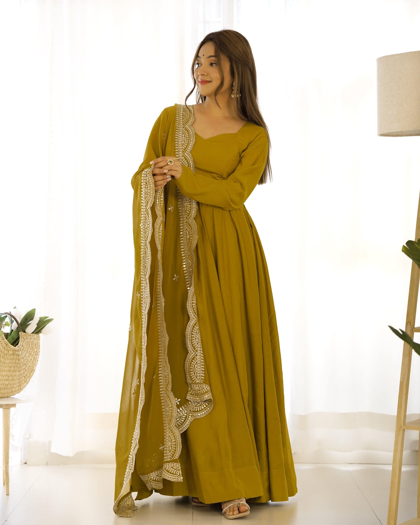 Pure Romansilk Chanderi Fabric Fully Flared Anarkali, with Dupatta Set and Pants, Ready to Wear.