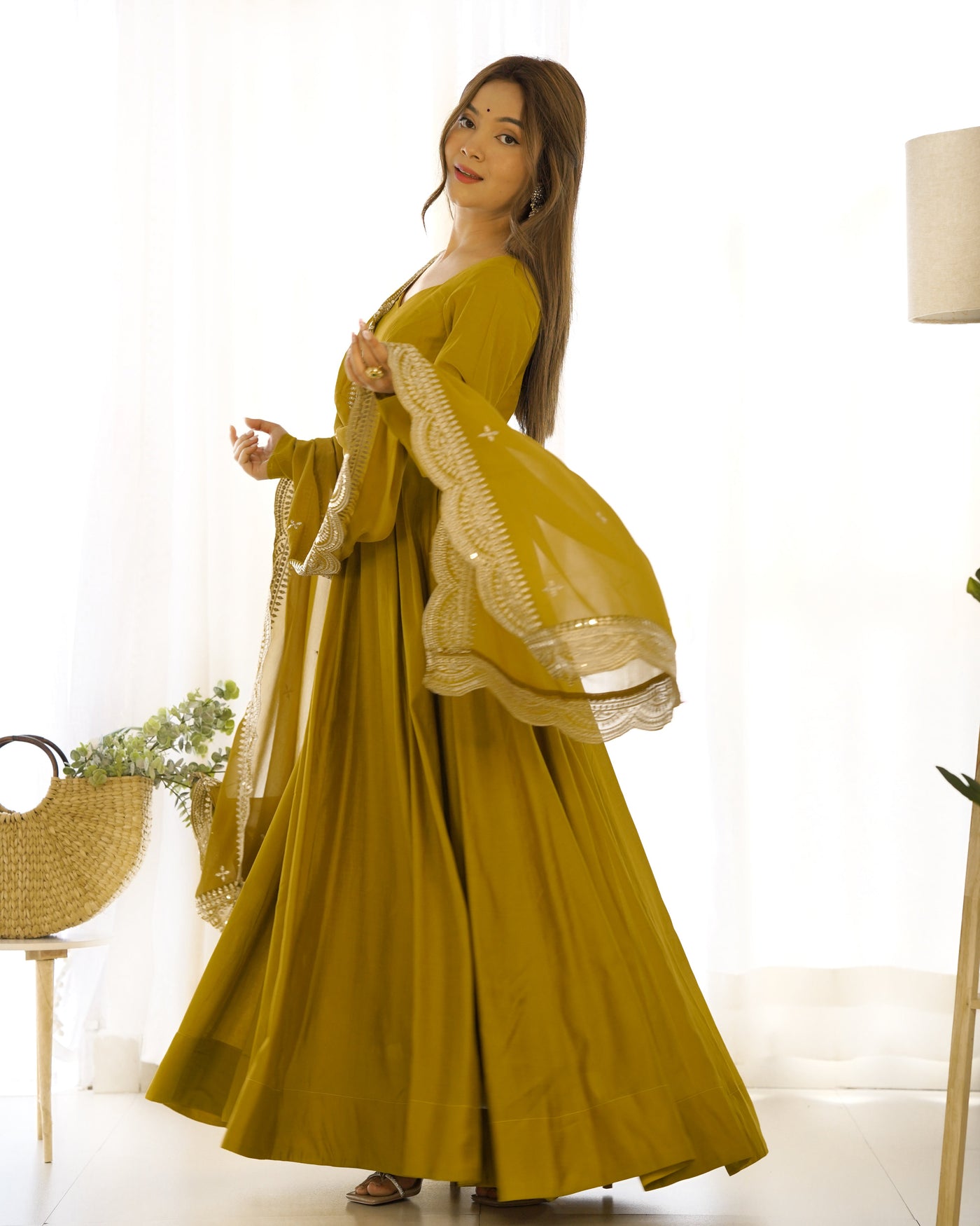 Pure Romansilk Chanderi Fabric Fully Flared Anarkali, with Dupatta Set and Pants, Ready to Wear.