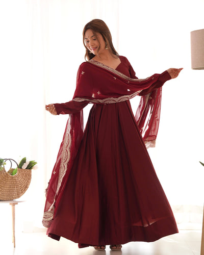 Pure Romansilk Chanderi Fabric Fully Flared Anarkali, with Dupatta Set and Pants, Ready to Wear.