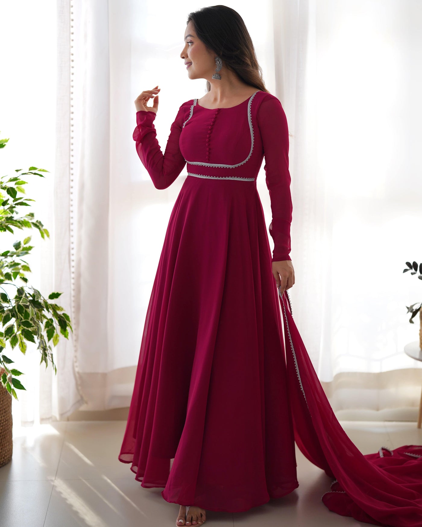 Presenting new georgette Anarkali gown with dupatta full set and pants, ready to wear