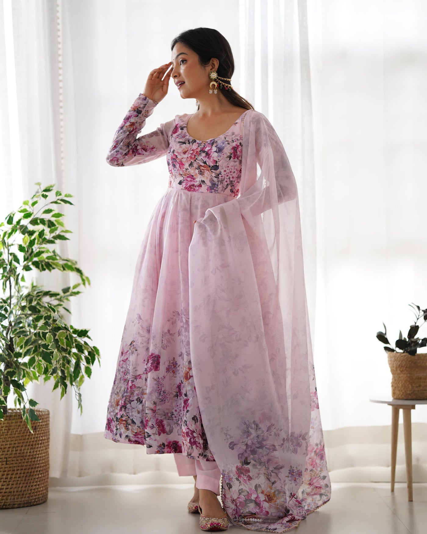 Colorful Lightweight Organza Silk Anarkali Set with Dupatta & Pants – Perfect for Festivities!