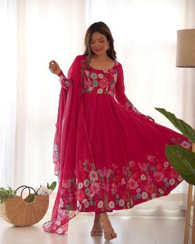 Timeless Floral Printed Organza Anarkali Suit Set – Perfect for the Festive and Wedding Season