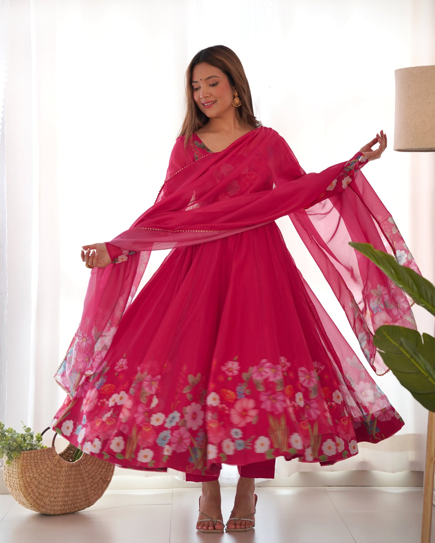 Timeless Floral Printed Organza Anarkali Suit Set – Perfect for the Festive and Wedding Season