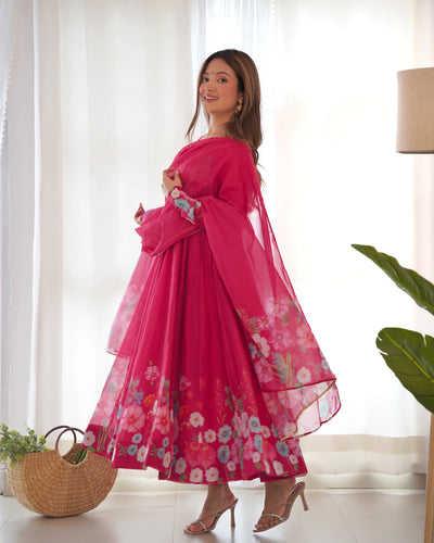 Timeless Floral Printed Organza Anarkali Suit Set – Perfect for the Festive and Wedding Season