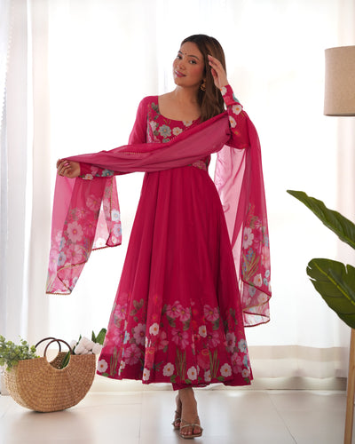 Timeless Floral Printed Organza Anarkali Suit Set – Perfect for the Festive and Wedding Season