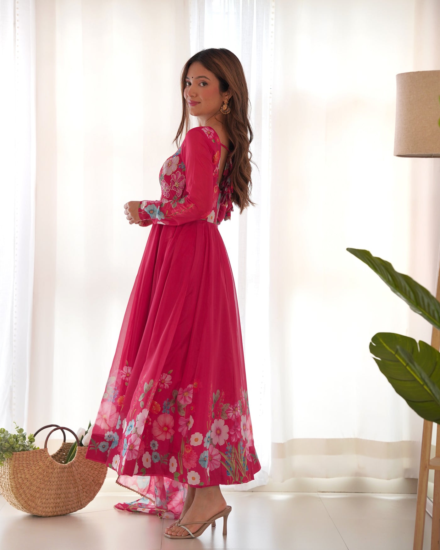 Timeless Floral Printed Organza Anarkali Suit Set – Perfect for the Festive and Wedding Season