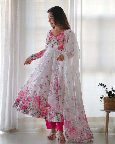 Pure Soft Organza Silk Fabric Fully Flared Kali Pattern with Canvas Patta, Dupatta Set, and Pants Ready to Wear