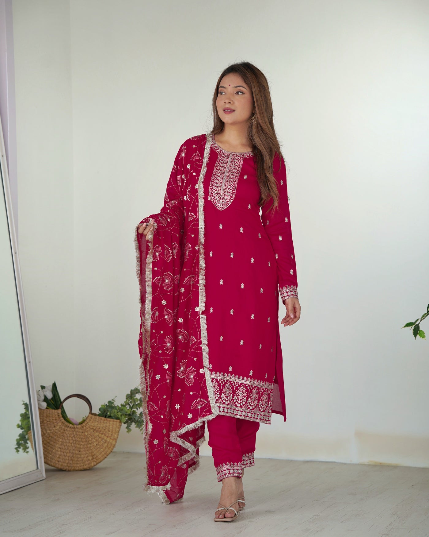 Raspberry Pink Pure Blooming Rangoli Silk Kurta Set with Embroidered Dupatta