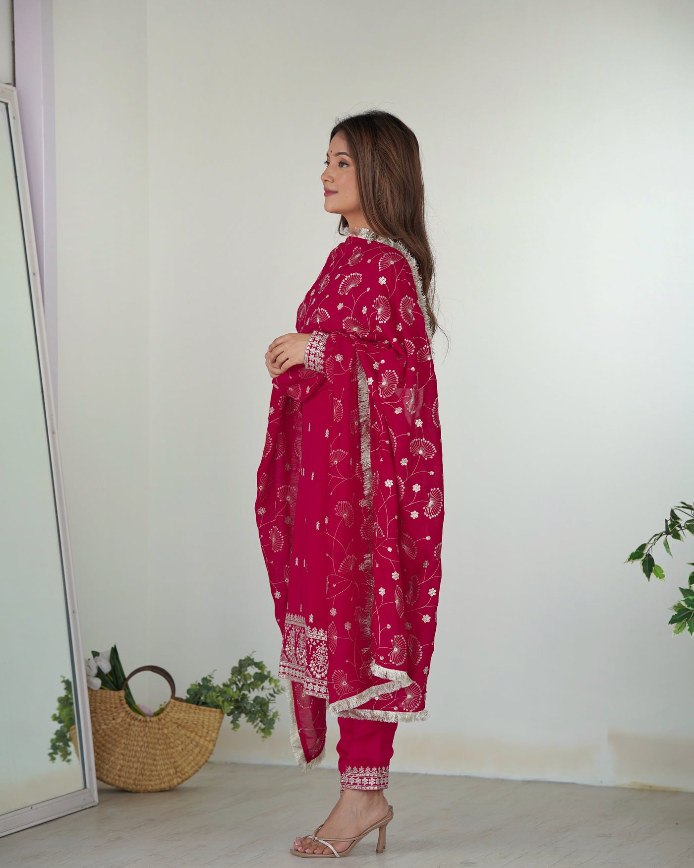 Raspberry Pink Pure Blooming Rangoli Silk Kurta Set with Embroidered Dupatta