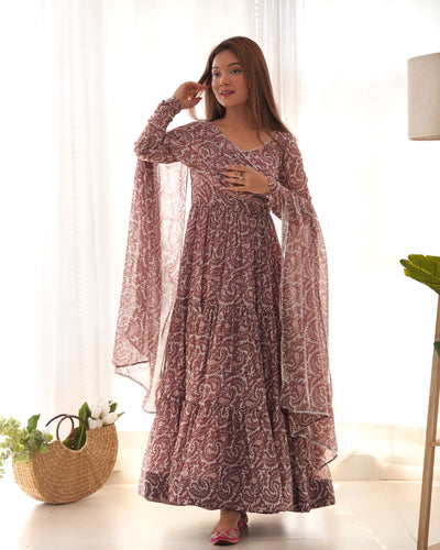 Dusty Rose Pure Soft Fox Georgette Printed Anarkali Set with Dupatta & Pant