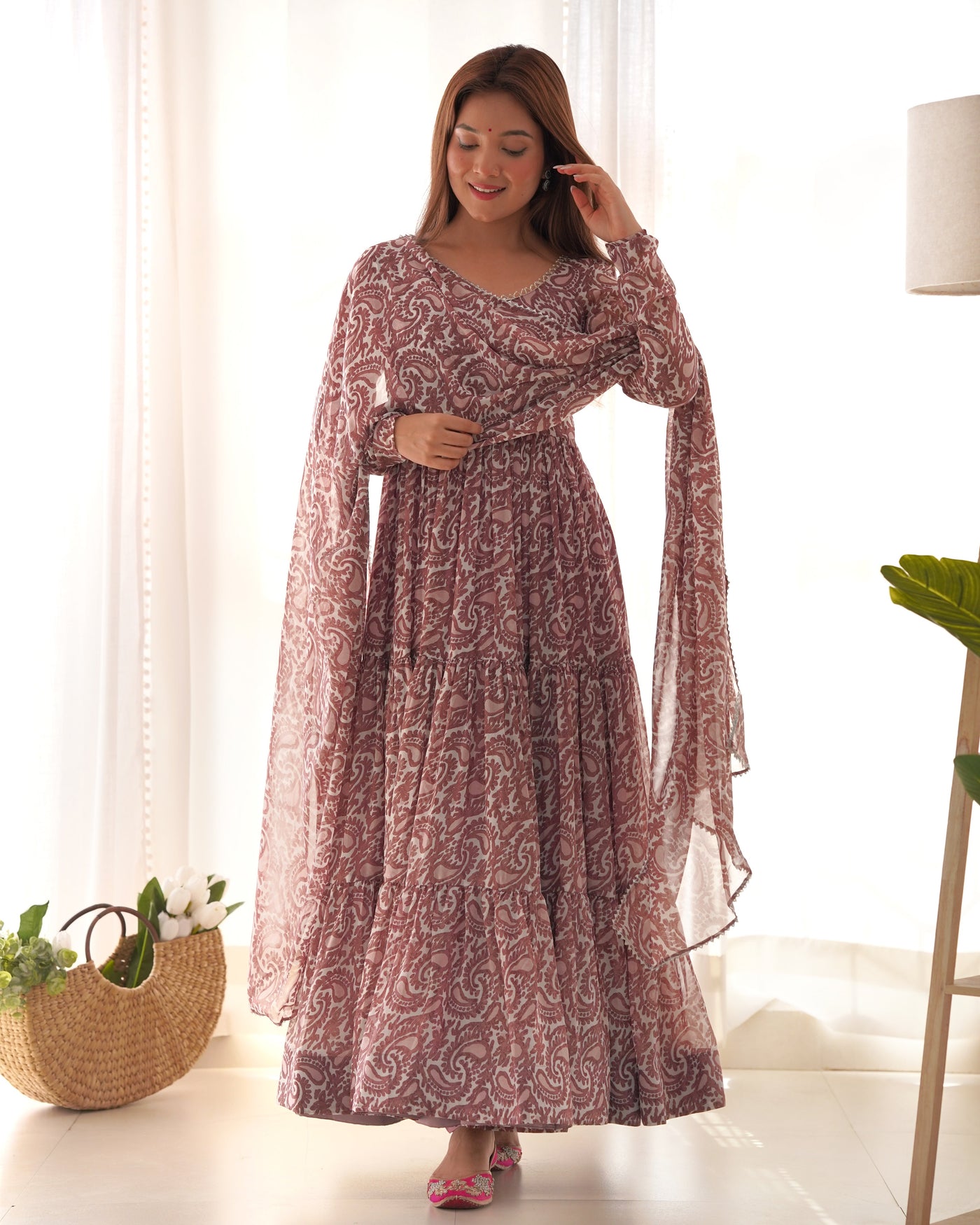 Magenta & White Paisley Print Pure Soft Fox Georgette Fully Flair Anarkali With Dupatta Set & Pants