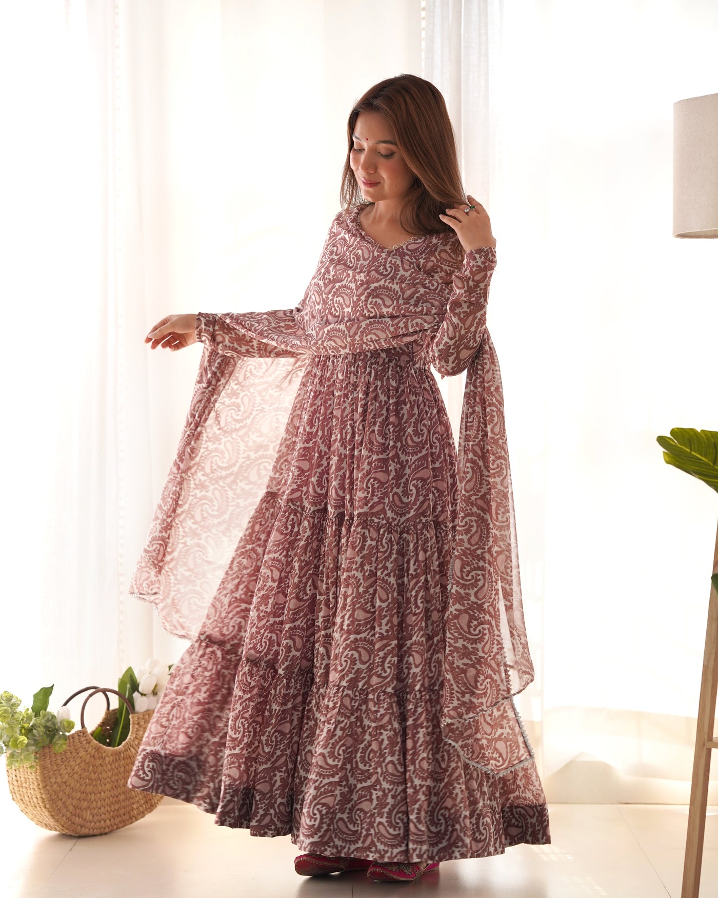 Dusty Rose Pure Soft Fox Georgette Printed Anarkali Set with Dupatta & Pant