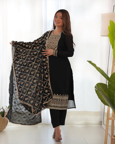 Black Embroidered Straight-fit Pure Blooming Vichitra Silk Kurta With Dupatta Set & Trousers