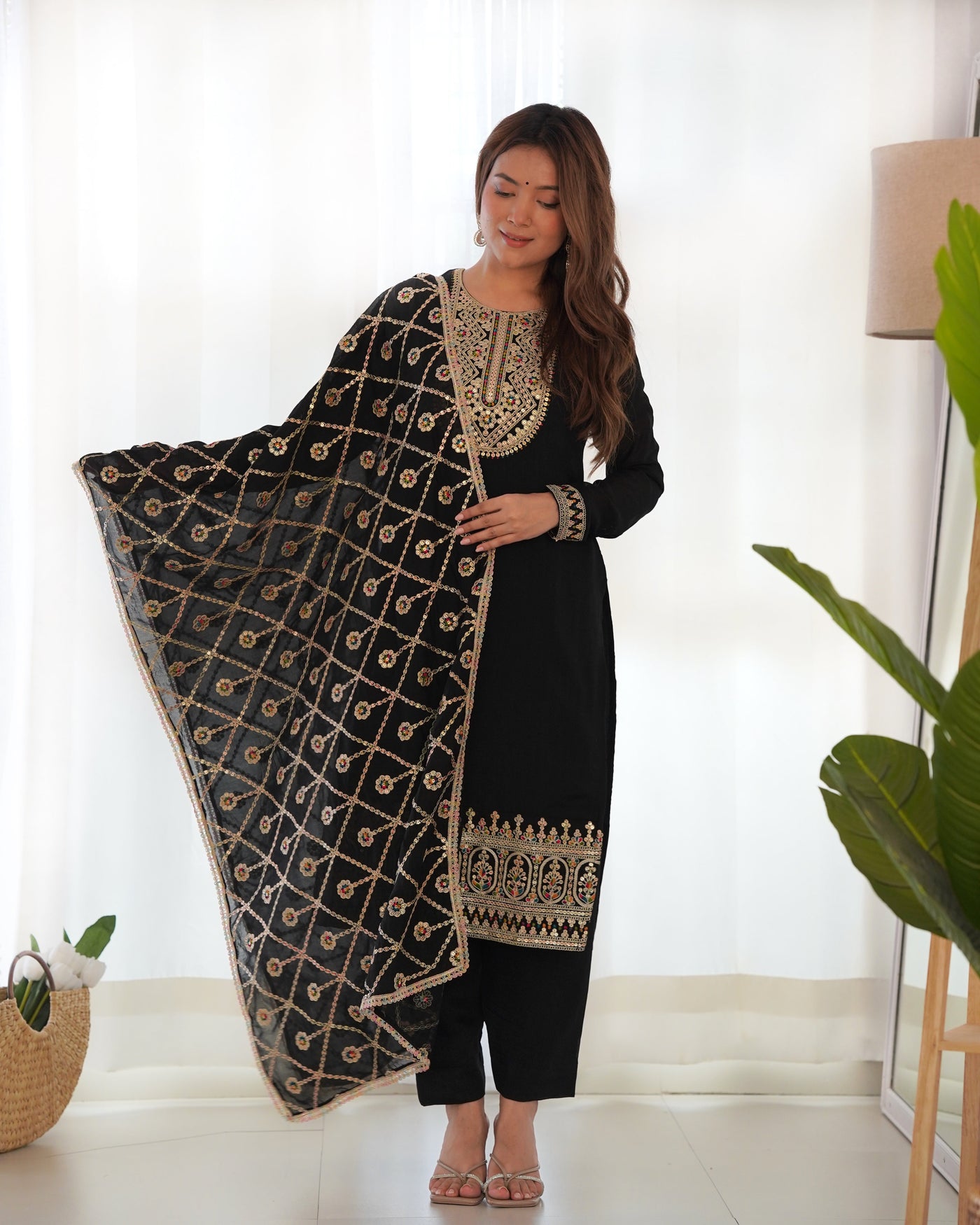 Classic Black Pure Blooming Vichitra Silk Kurta Set with Embroidered Dupatta