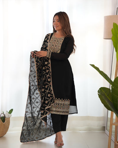 Classic Black Pure Blooming Vichitra Silk Kurta Set with Embroidered Dupatta