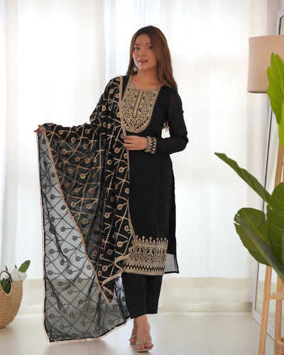 Black Embroidered Straight-fit Pure Blooming Vichitra Silk Kurta With Dupatta Set & Trousers