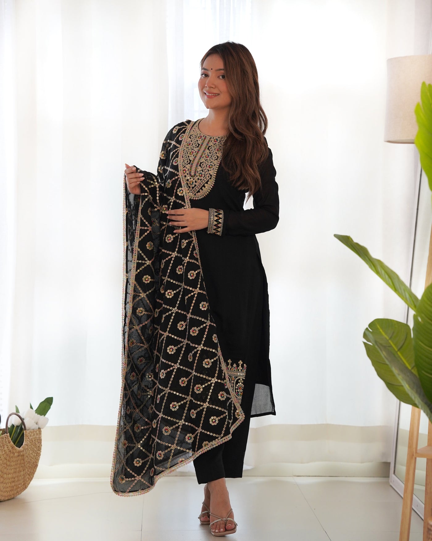 Black Embroidered Straight-fit Pure Blooming Vichitra Silk Kurta With Dupatta Set & Trousers