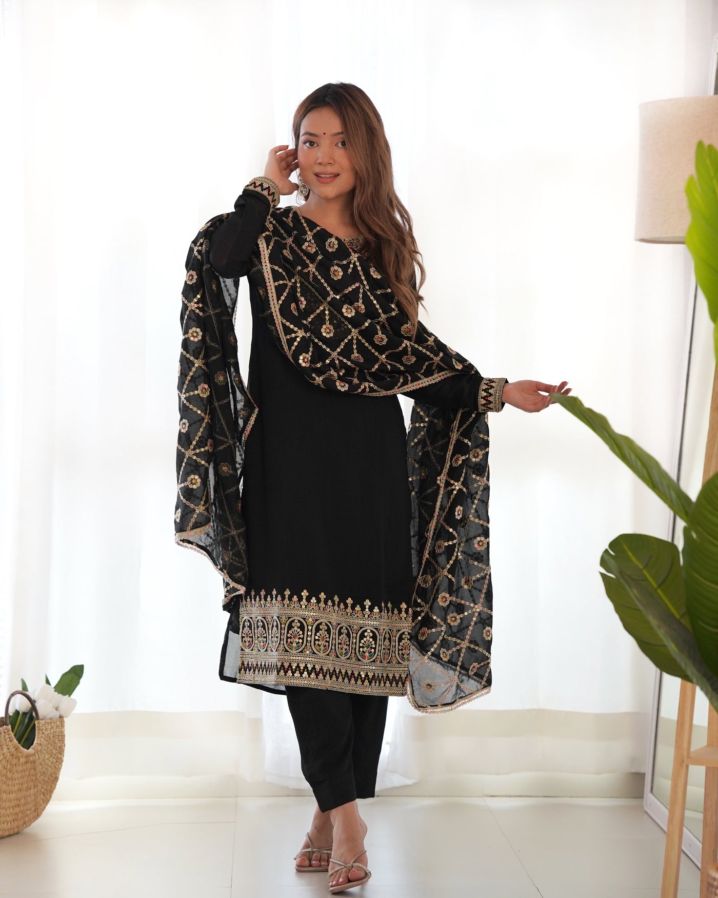 Classic Black Pure Blooming Vichitra Silk Kurta Set with Embroidered Dupatta