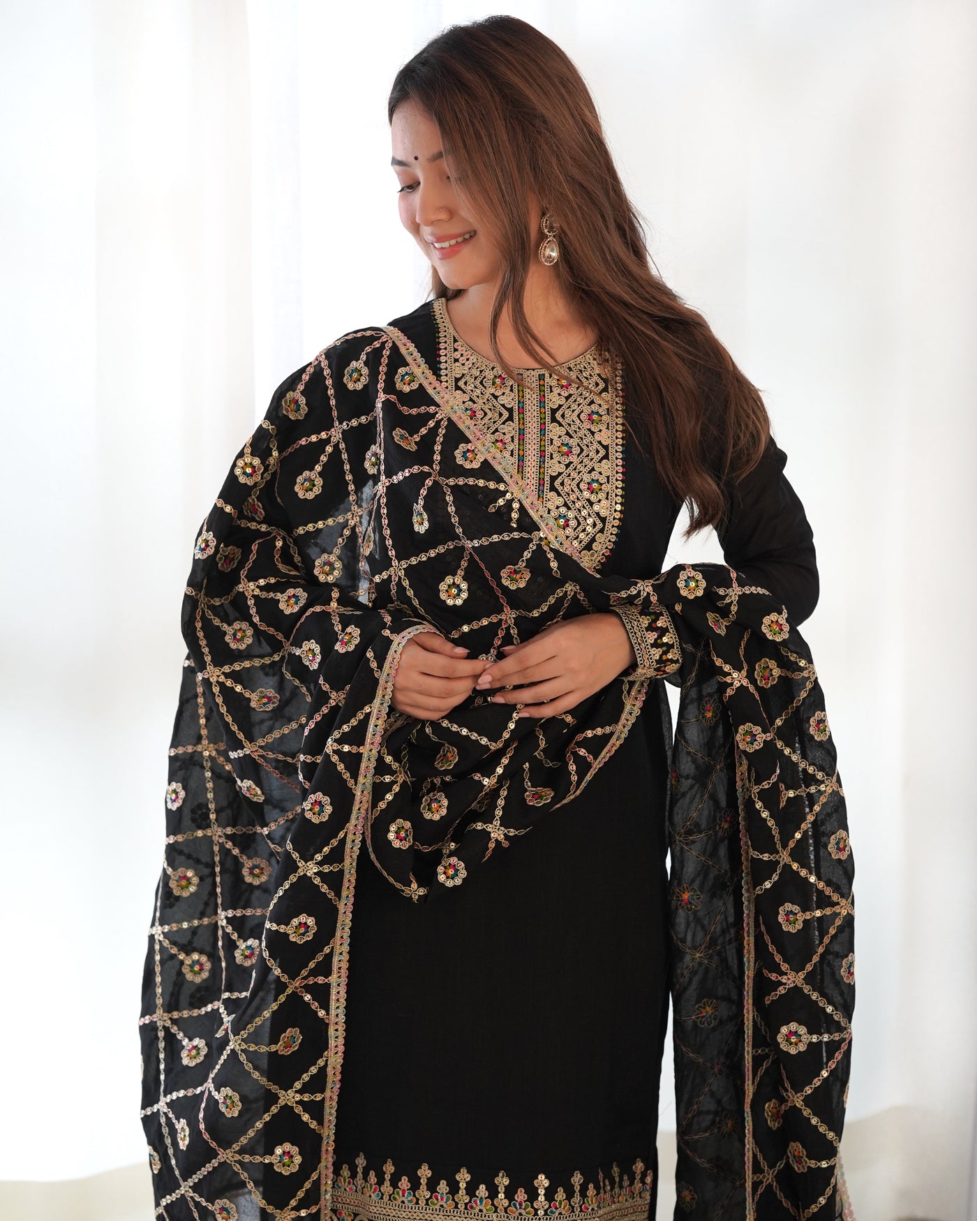 Classic Black Pure Blooming Vichitra Silk Kurta Set with Embroidered Dupatta