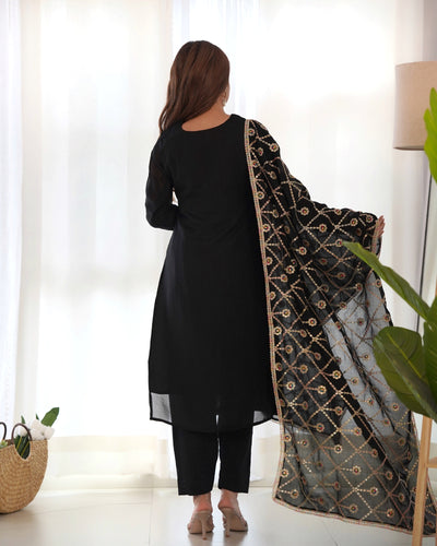 Black Embroidered Straight-fit Pure Blooming Vichitra Silk Kurta With Dupatta Set & Trousers