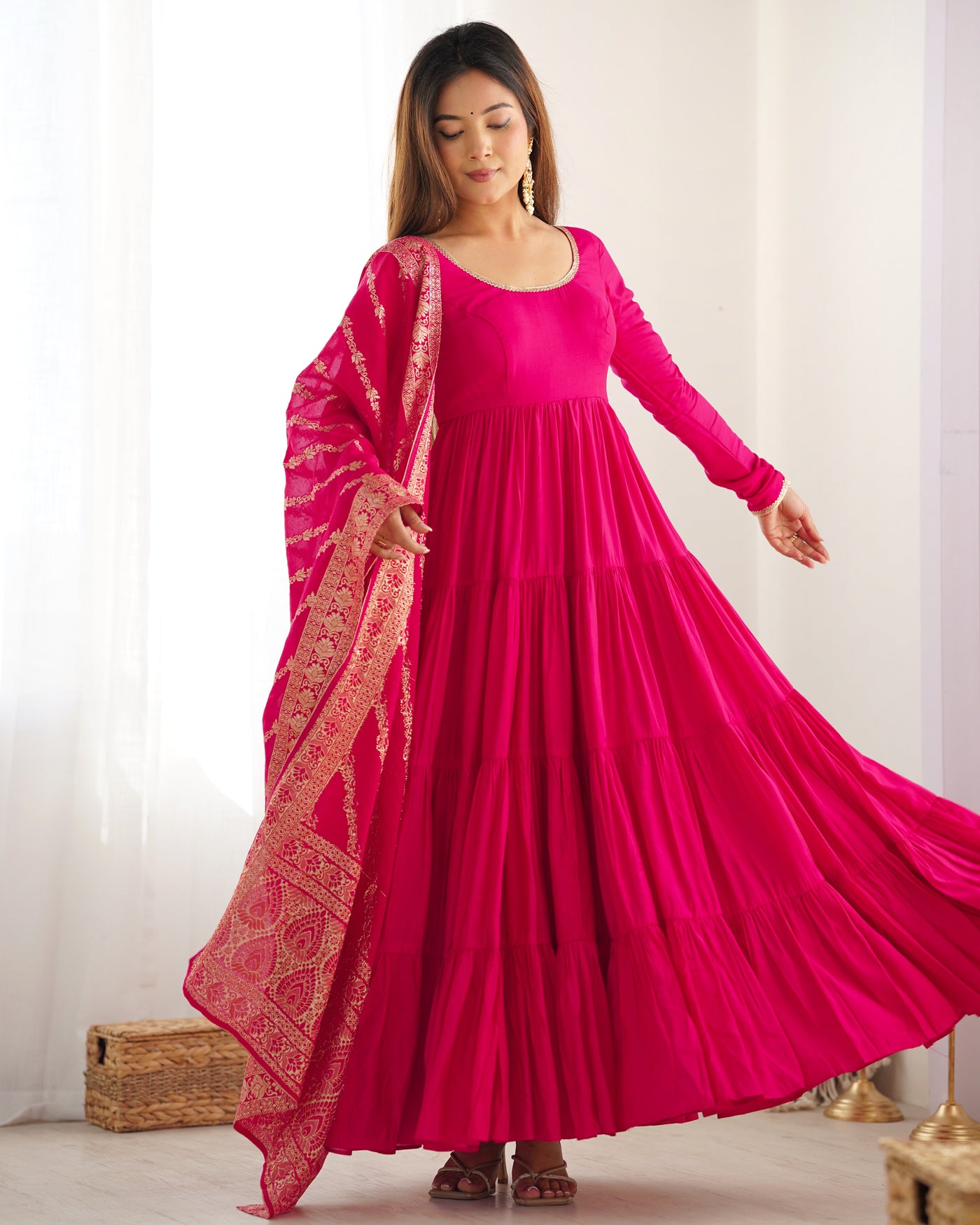 Regal Rose Pink Pure Romansilk Chanderi Anarkali Set with Banarasi Jacquard Dupatta