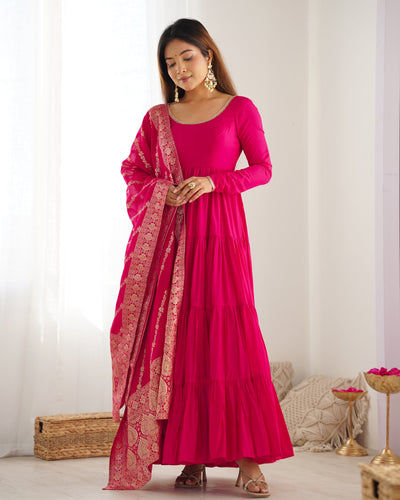 Regal Rose Pink Pure Romansilk Chanderi Anarkali Set with Banarasi Jacquard Dupatta