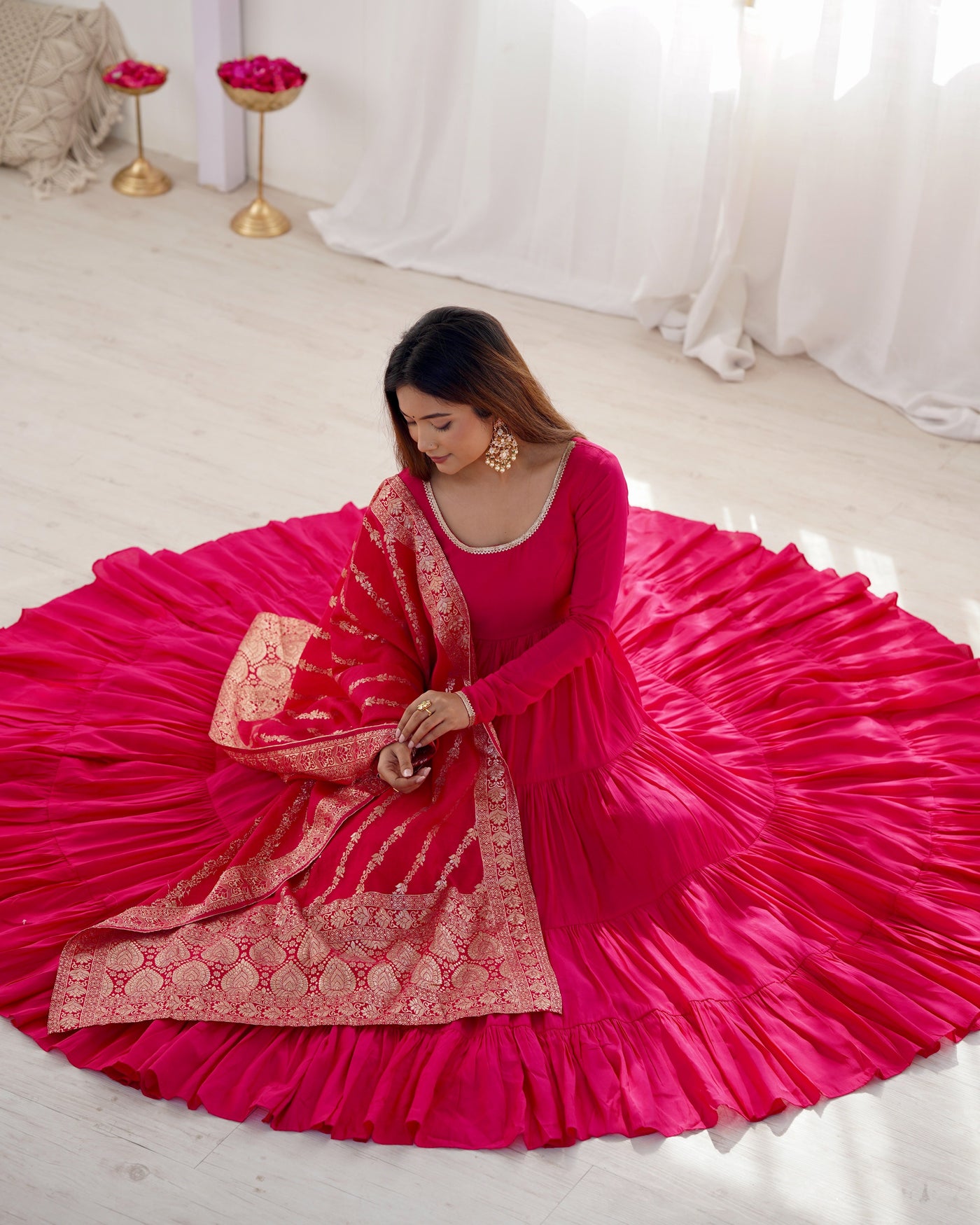 Regal Rose Pink Pure Romansilk Chanderi Anarkali Set with Banarasi Jacquard Dupatta