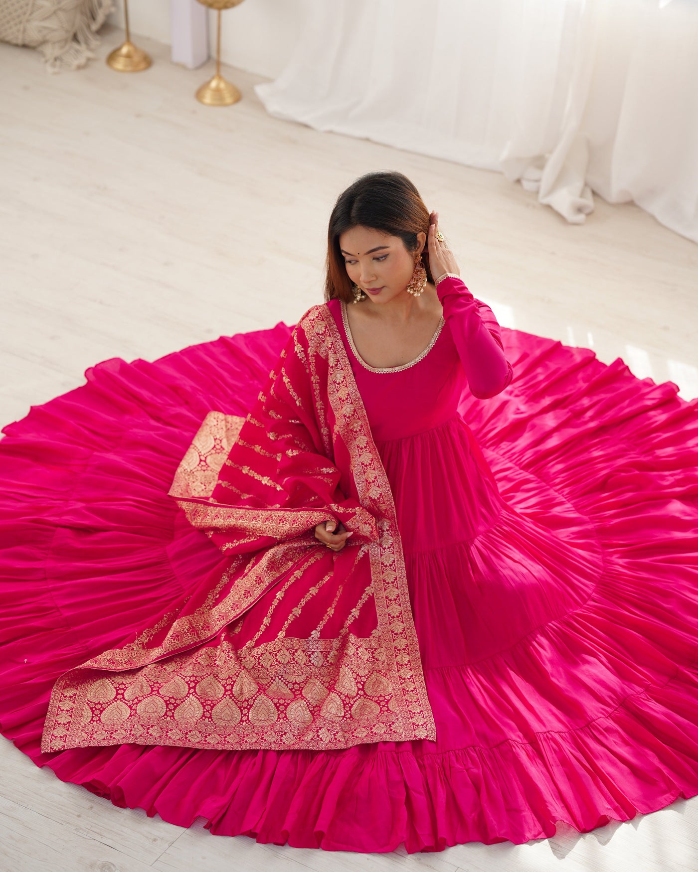 Regal Rose Pink Pure Romansilk Chanderi Anarkali Set with Banarasi Jacquard Dupatta