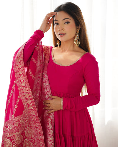 Regal Rose Pink Pure Romansilk Chanderi Anarkali Set with Banarasi Jacquard Dupatta