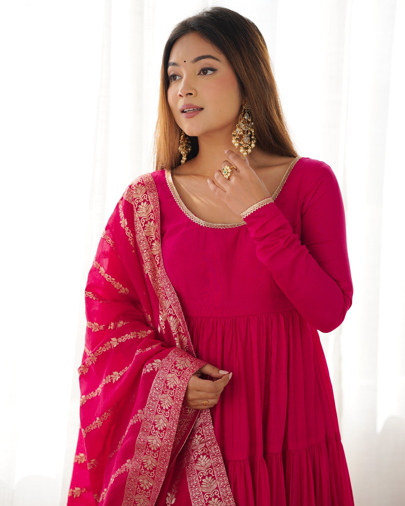 Regal Rose Pink Pure Romansilk Chanderi Anarkali Set with Banarasi Jacquard Dupatta