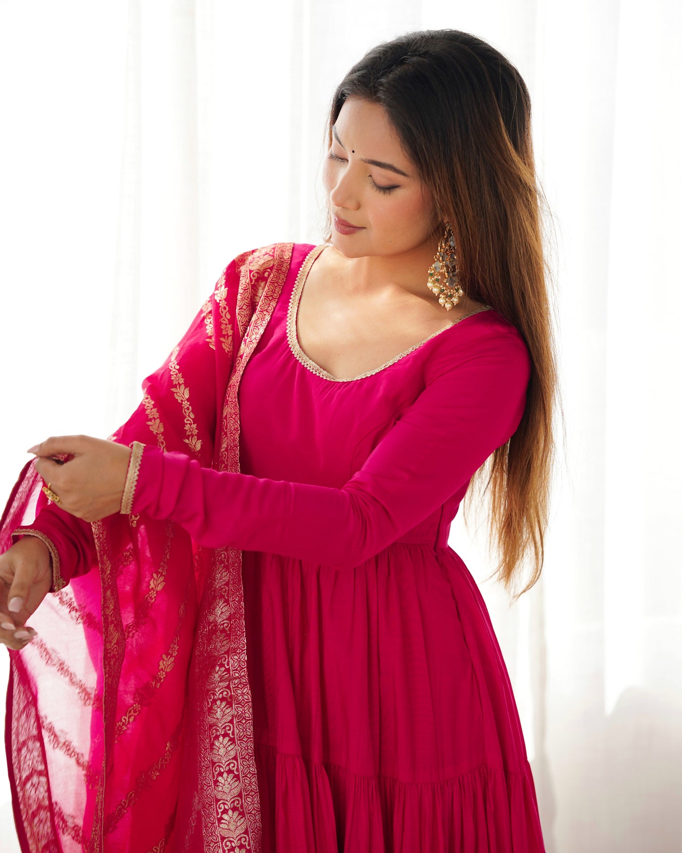 Regal Rose Pink Pure Romansilk Chanderi Anarkali Set with Banarasi Jacquard Dupatta