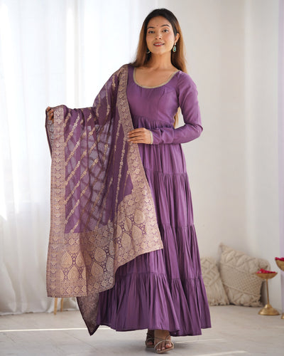 Mauve Purple Pure Romansilk Chanderi Anarkali Set with Banarasi Jacquard Dupatta