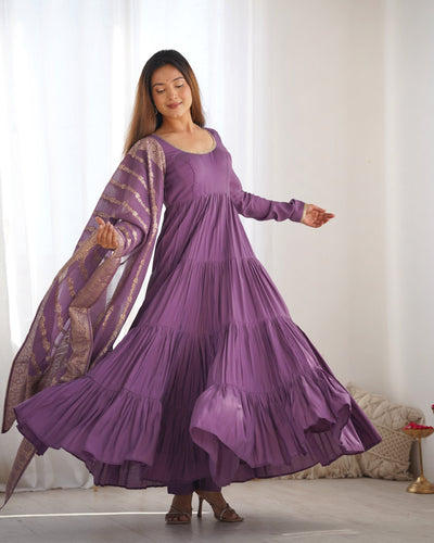 Mauve Purple Pure Romansilk Chanderi Anarkali Set with Banarasi Jacquard Dupatta