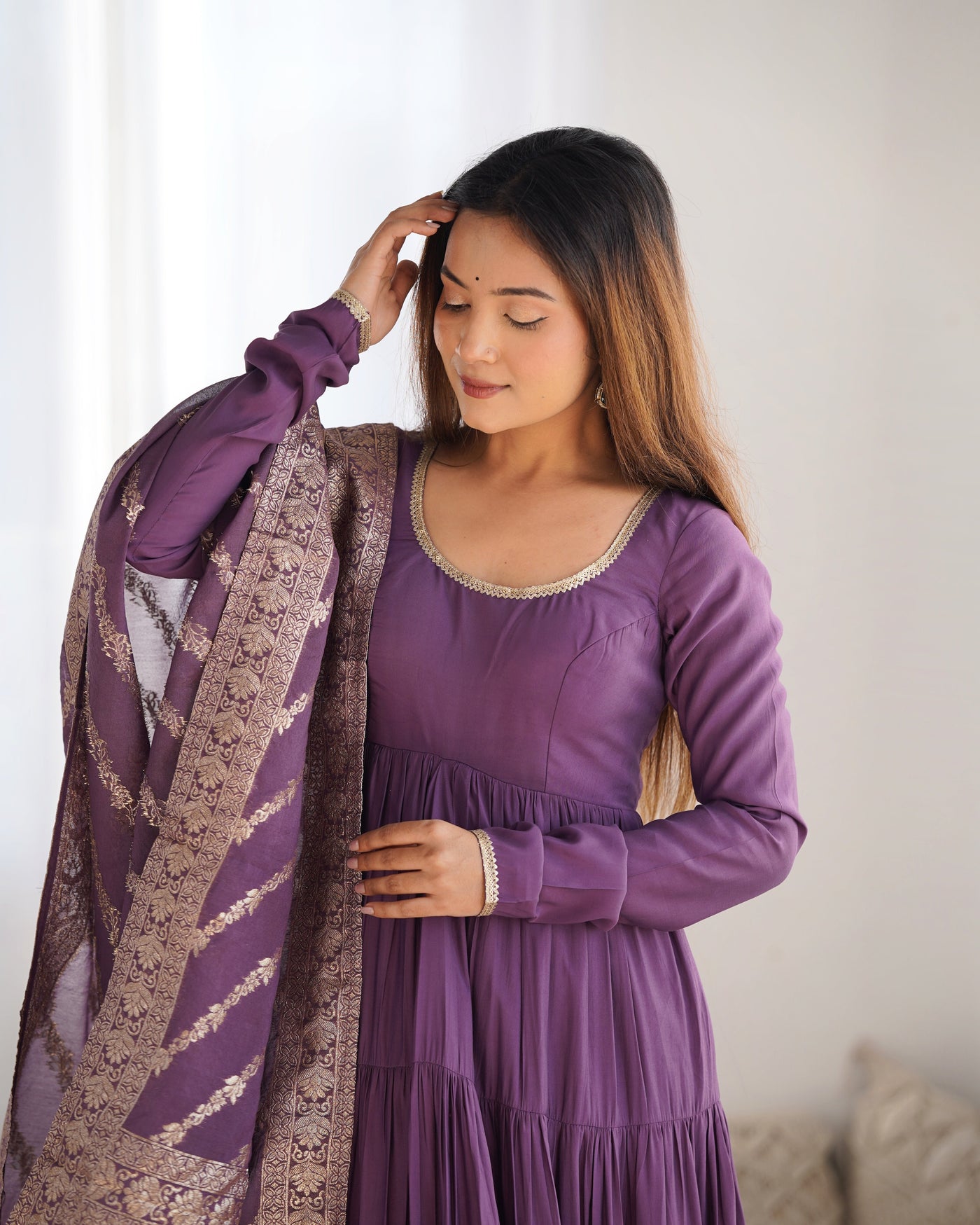 Mauve Purple Pure Romansilk Chanderi Anarkali Set with Banarasi Jacquard Dupatta