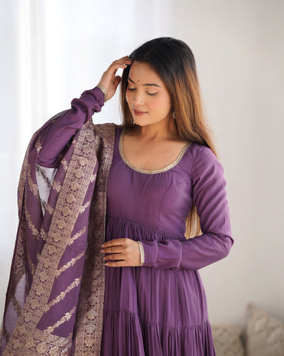 Mauve Purple Pure Romansilk Chanderi Anarkali Set with Banarasi Jacquard Dupatta