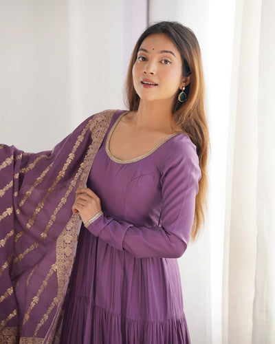 Mauve Purple Pure Romansilk Chanderi Anarkali Set with Banarasi Jacquard Dupatta